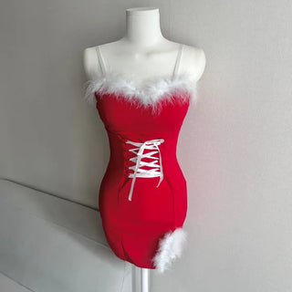 Santa Girl Fur Corset Slit Mini Dress Sleeveless