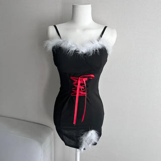 Santa Girl Fur Corset Slit Mini Dress Sleeveless