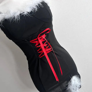 Santa Girl Fur Corset Slit Mini Dress Sleeveless