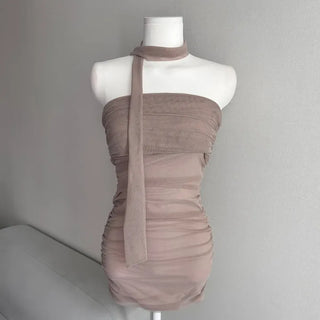 See-through Mesh Top Dress & Scarf Set Tube