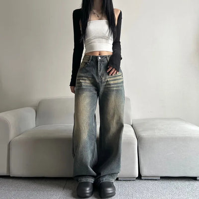 Shark Washed Wide Denim Pants Daily Unique Hip