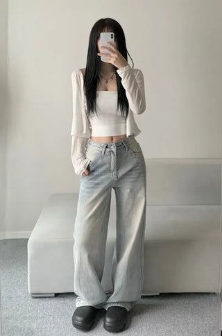 Shark Washed Wide Denim Pants Daily Unique Hip