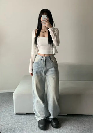 Shark Washed Wide Denim Pants Daily Unique Hip