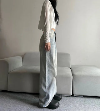 Shark Washed Wide Denim Pants Daily Unique Hip