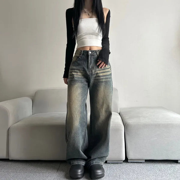 Shark Washed Wide Denim Pants Daily Unique Hip