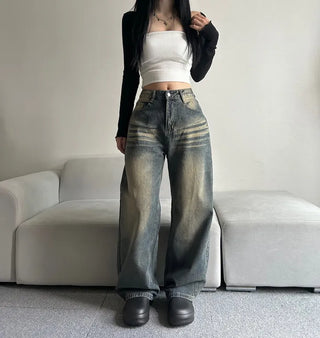 Shark Washed Wide Denim Pants Daily Unique Hip