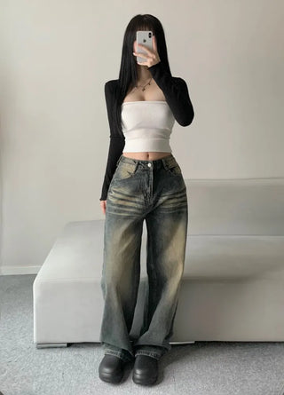 Shark Washed Wide Denim Pants Daily Unique Hip