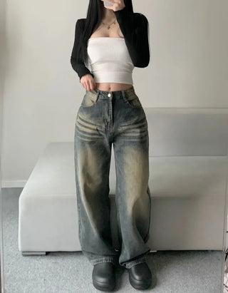 Shark Washed Wide Denim Pants Daily Unique Hip