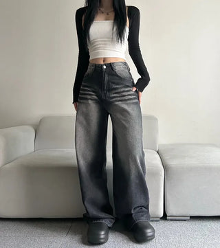 Shark Washed Wide Denim Pants Daily Unique Hip
