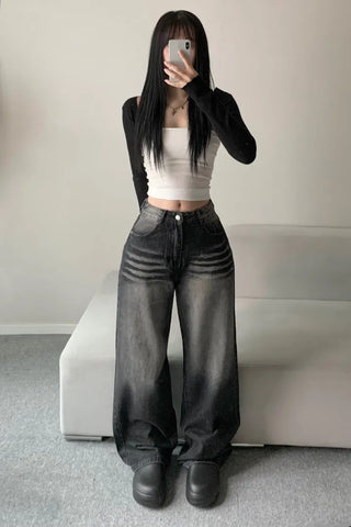 Shark Washed Wide Denim Pants Daily Unique Hip