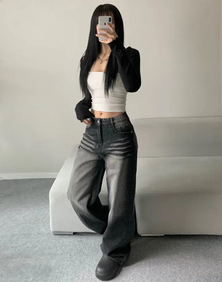 Shark Washed Wide Denim Pants Daily Unique Hip