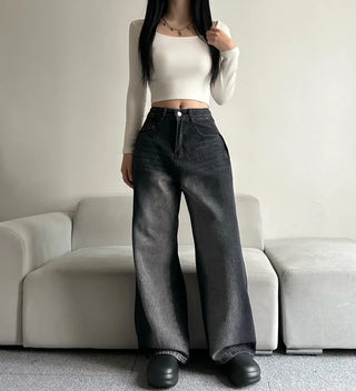 Side Pintuck Washed Denim Pants Wide Blue Daily