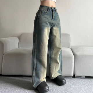 Side Pintuck Washed Denim Pants Wide Blue Daily