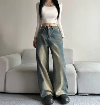 Side Pintuck Washed Denim Pants Wide Blue Daily
