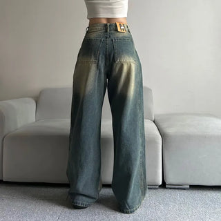 Side Pintuck Washed Denim Pants Wide Blue Daily