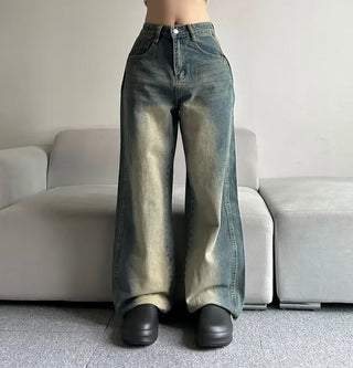 Side Pintuck Washed Denim Pants Wide Blue Daily