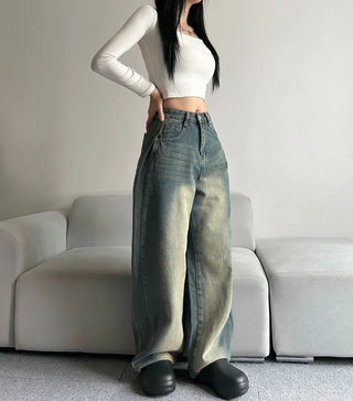 Side Pintuck Washed Denim Pants Wide Blue Daily