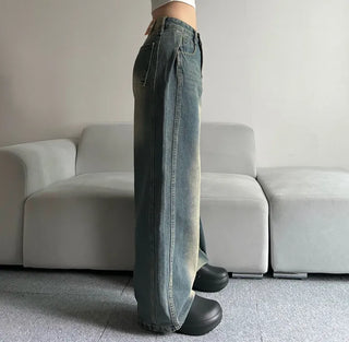 Side Pintuck Washed Denim Pants Wide Blue Daily
