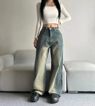 Side Pintuck Washed Denim Pants Wide Blue Daily