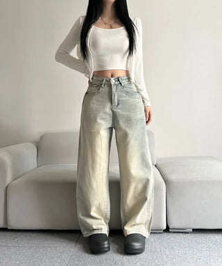 Side Pintuck Washed Denim Pants Wide Blue Daily