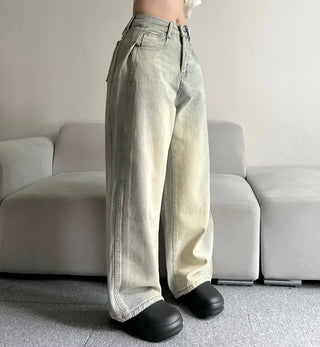 Side Pintuck Washed Denim Pants Wide Blue Daily