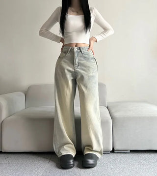 Side Pintuck Washed Denim Pants Wide Blue Daily