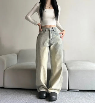 Side Pintuck Washed Denim Pants Wide Blue Daily