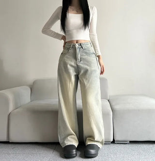 Side Pintuck Washed Denim Pants Wide Blue Daily
