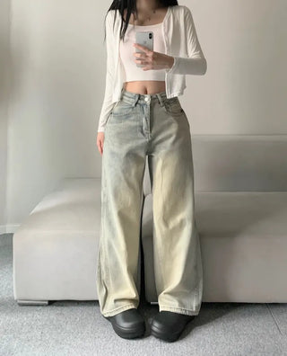 Side Pintuck Washed Denim Pants Wide Blue Daily