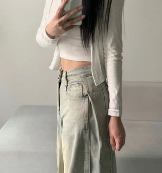 Side Pintuck Washed Denim Pants Wide Blue Daily