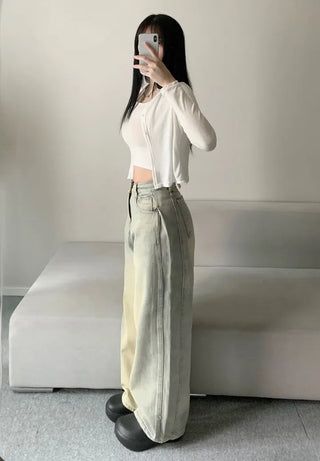 Side Pintuck Washed Denim Pants Wide Blue Daily