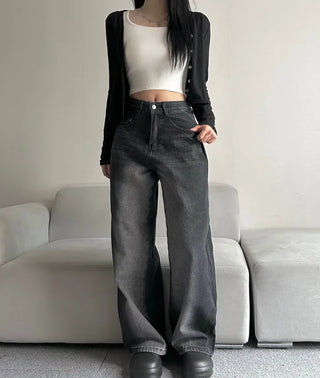 Side Pintuck Washed Denim Pants Wide Blue Daily