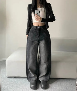 Side Pintuck Washed Denim Pants Wide Blue Daily