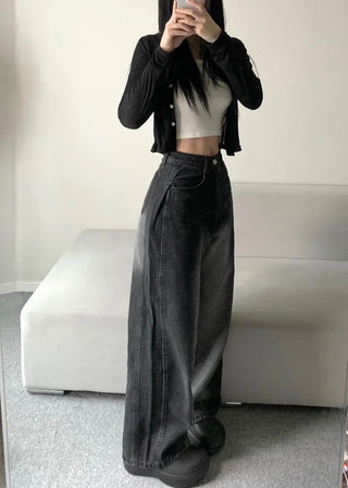 Side Pintuck Washed Denim Pants Wide Blue Daily