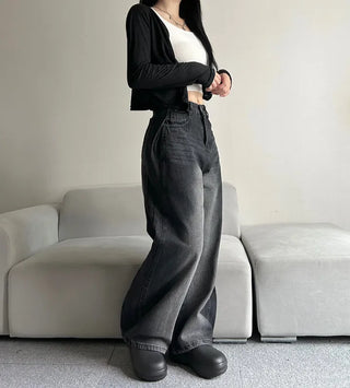 Side Pintuck Washed Denim Pants Wide Blue Daily