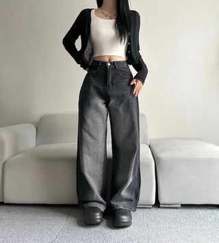 Side Pintuck Washed Denim Pants Wide Blue Daily