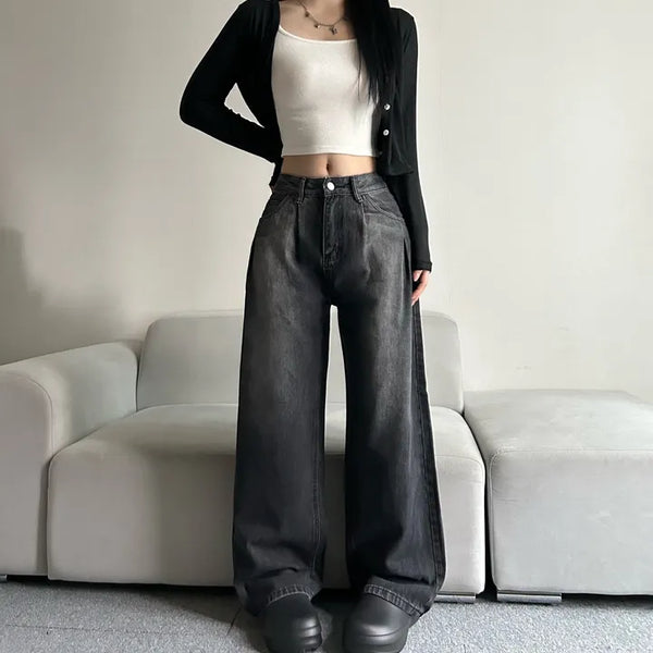 Two Pintuck Washed Wide Denim Pants Daily Basic