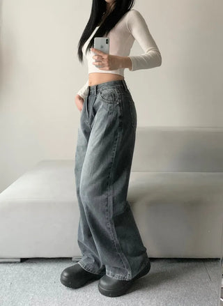 Two Pintuck Washed Wide Denim Pants Daily Basic