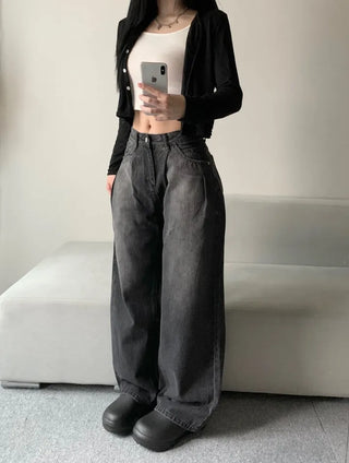 Two Pintuck Washed Wide Denim Pants Daily Basic