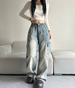 Washed Denim Wide Cargo Pants Jeans Basic Elastic
