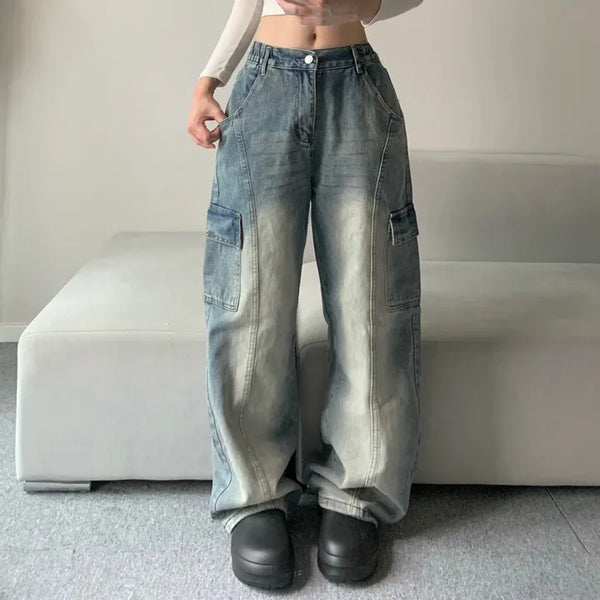 Washed Denim Wide Cargo Pants Jeans Basic Elastic