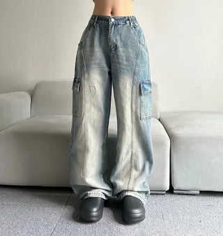 Washed Denim Wide Cargo Pants Jeans Basic Elastic