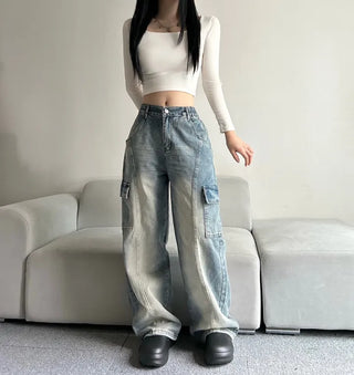 Washed Denim Wide Cargo Pants Jeans Basic Elastic
