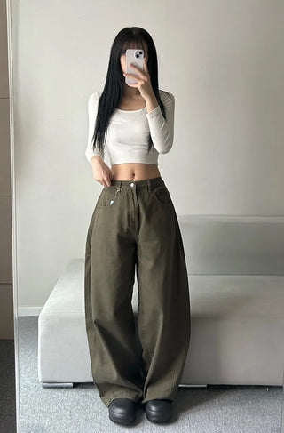 Cotton Side Pintuck Button Balloon Pants Wide Fit