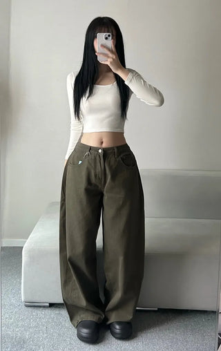 Cotton Side Pintuck Button Balloon Pants Wide Fit