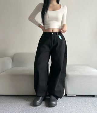 Cotton Side Pintuck Button Balloon Pants Wide Fit