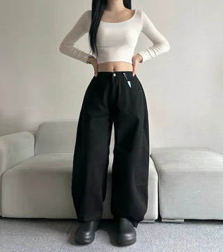 Cotton Side Pintuck Button Balloon Pants Wide Fit