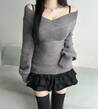 V-Neck Off-Shoulder Slim Fit Knit Zooms Waist Daily