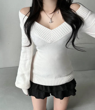 V-Neck Off-Shoulder Slim Fit Knit Zooms Waist Daily