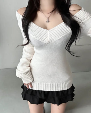 V-Neck Off-Shoulder Slim Fit Knit Zooms Waist Daily